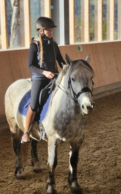 Mädchen sitzt auf einem Pferd in einer Reithalle