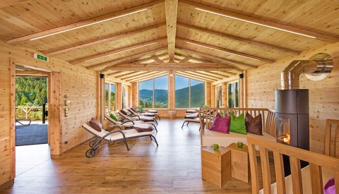 Gemütlicher Ruheraum mit Kamin und Bergpanorama