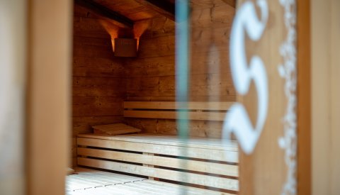 Leere Sauna aus Holz mit Blick durch Glastür