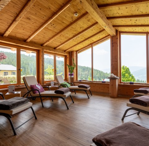 Cozy relaxation room with mountain view and wooden loungers