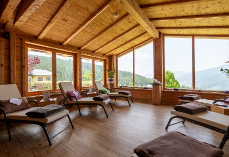 Gemütlicher Ruheraum mit Bergblick und Holzliegen