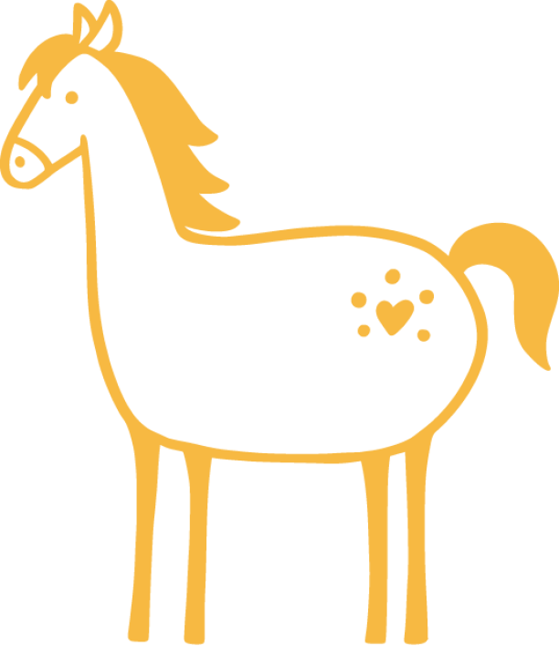 Stilisiertes gelbes Pferd mit Herz und Punkten an der Seite.