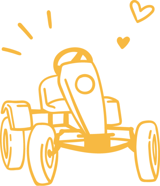 Gelbe Gokart-Zeichnung mit Herzen und Bewegungslinien.