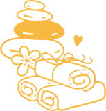 Gelbes Wellness-Symbol mit Handtüchern, Steinen, Blume und Herz.