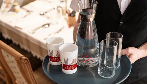 Ein Kellner serviert Gläser und eine Karaffe mit Wasser auf einem Tablett.