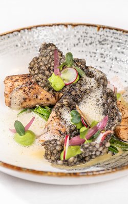 Ein Teller mit gegrilltem Fisch, garniert mit schwarzem Kaviar, Kräutern und Schaum.