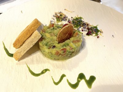 Avocado-Tartar mit getrockneter Orangenscheibe, Croûtons und Kräutersauce.