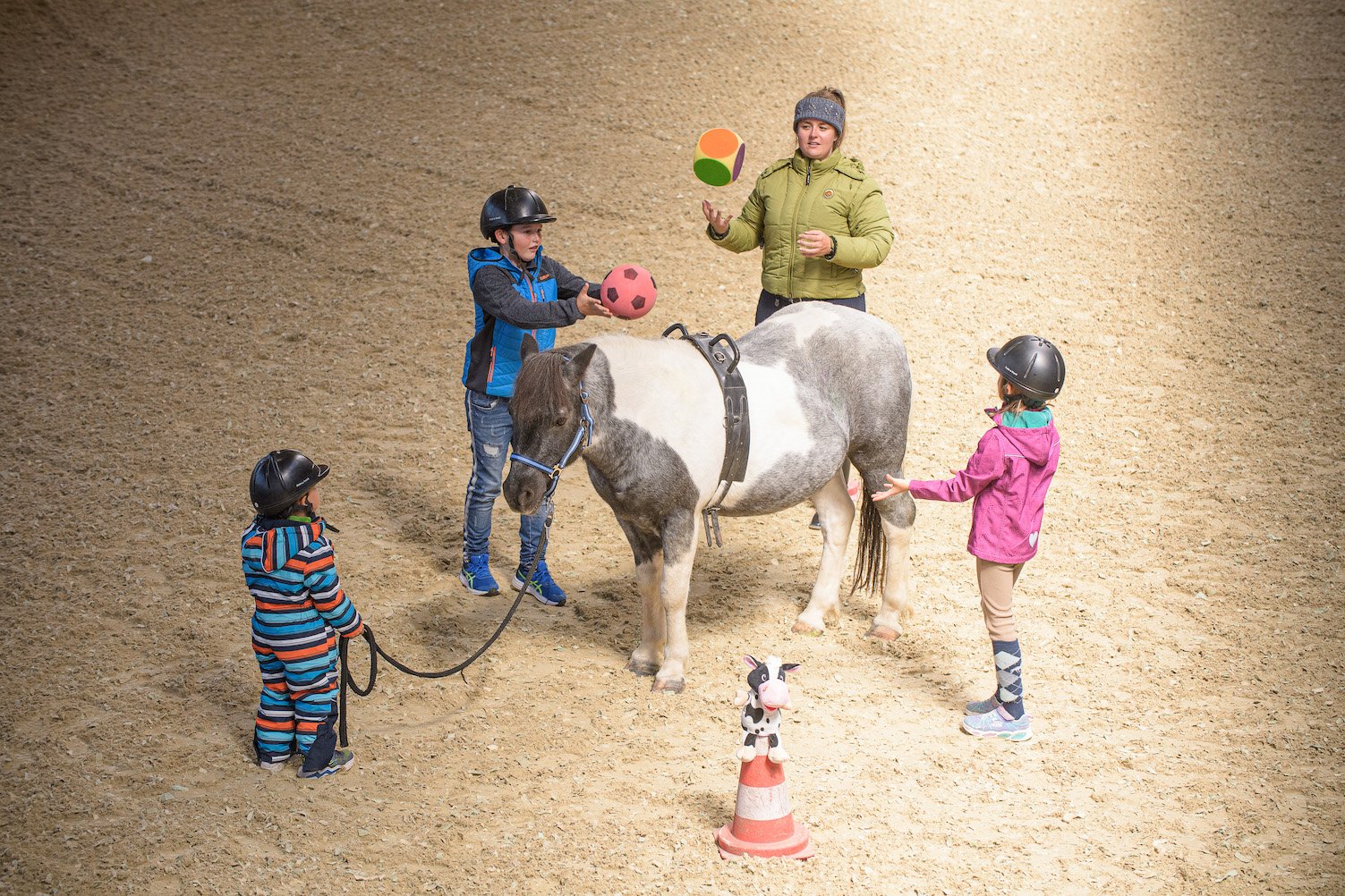 Kinder spielen mit Bällen rund um ein Pony beim Reitunterricht.