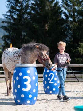 Junge führt geschecktes Pony an blauen Fässern mit Zahlen 2 und 3 im Freien vorbei
