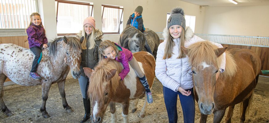 Kinder mit den Ponys im Stall