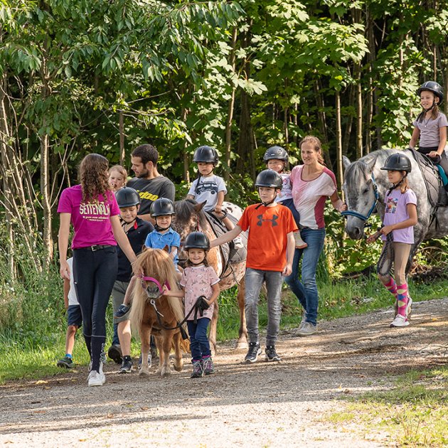 Kinder und Betreuer führen Ponys auf einem Waldweg beim Gruppenausritt.