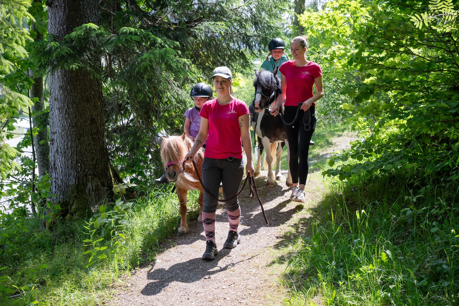 Pony hike with children on a shady forest trail.