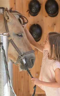 Mädchen streichelt Pony am Anbindeplatz mit Reithelmen im Hintergrund.