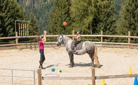 Mädchen auf Pferd wirft Ball auf hängendes Ziel.