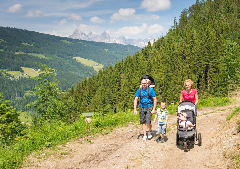 Familie beim Wandern mit einem Kinderwagen