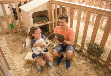 Zwei Kinder kuscheln Kaninchen und Meerschweinchen im Streichelzoo.