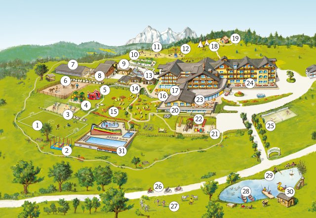 Karte eines Ferienresorts mit Gebäuden, Spielplätzen und Naturbereichen.