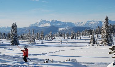 Skifahrer auf verschneitem Hochplateau mit Bergpanorama.