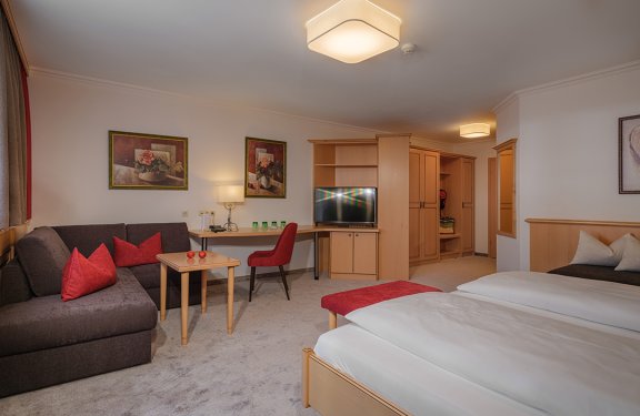 Heller Wohn-Schlafraum mit gemütlicher Sofaecke und Schreibtisch.