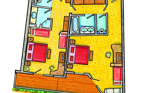 Grundriss mit zwei Schlafzimmern, Wohnbereich und Balkon.