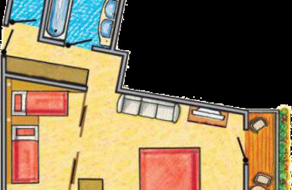 Grundriss mit Doppelbett, Kinderzimmer und gemütlichem Wohnbereich mit Balkon.