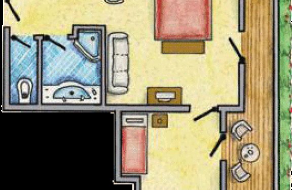 Grundriss mit zwei Schlafzimmern, Wohnbereich und Balkon.