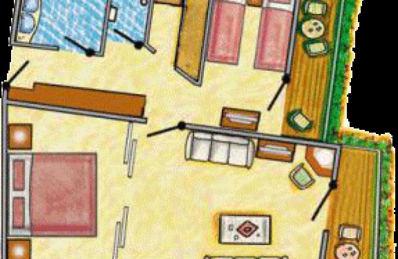 Grundriss mit Elternschlafzimmer, Kinderzimmer und Wohnbereich mit Balkon.