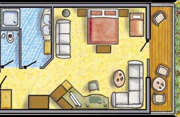 Grundriss mit Doppelbett, Sofa, Bad und Balkon.