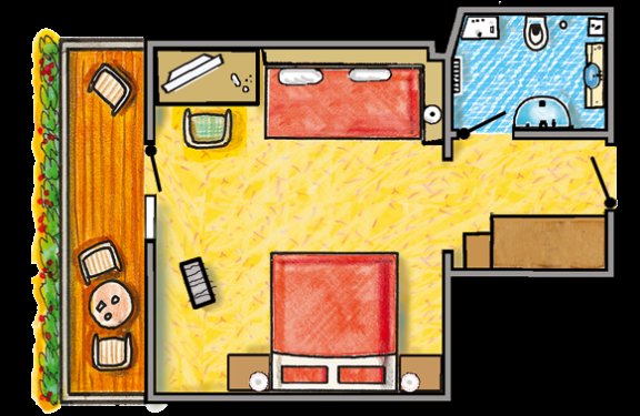 Grundriss mit Doppelbett, Sofa und Balkon.