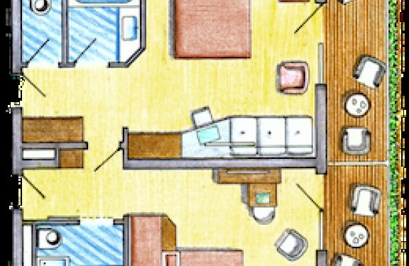 Grundriss mit zwei Schlafzimmern, Wohnbereich und großem Balkon.