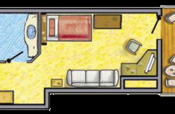 Grundriss mit Einzelbett, Sofa, Bad und Balkon.