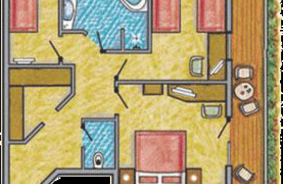 Grundriss mit Elternschlafzimmer, zwei Kinderzimmern und Wohnbereich mit Balkon.